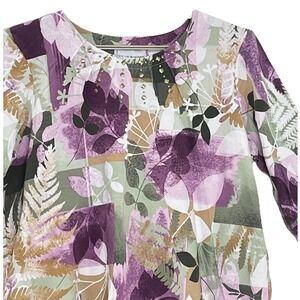Alfred Dunner Womens Floral Top L‎ Purple Green 3/4 Sleeve Embellished Neckline